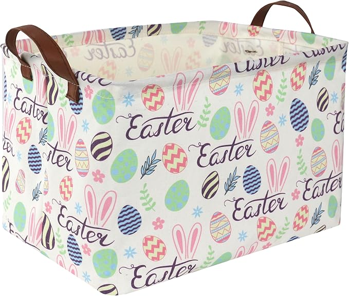 Sanjiaofen Rectangular Easter baskets , Kids Easter Basket Organizer.Cute Storage Basket with Handles.Boys and Girls,Easter Bunny Eggs Decor,Books,Easter Gifts . (Easter bunny eggs)