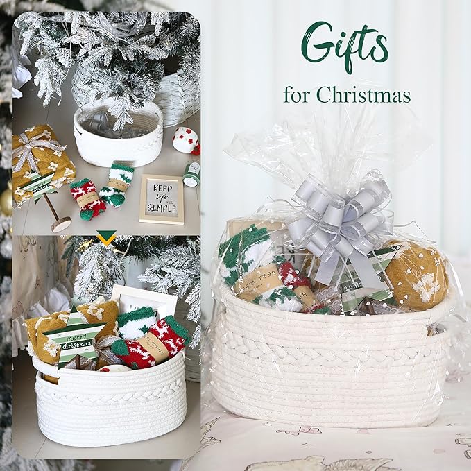 Sea Team Woven Cotton Rope Gift Basket with Gift Bags & Ribbons, Optional Stuffed Bear & Sunflower, Baby Shower Present, Pet Gift or Nursery Storage Bin, 13.4 x 9.1 x 7.1 Inches, White