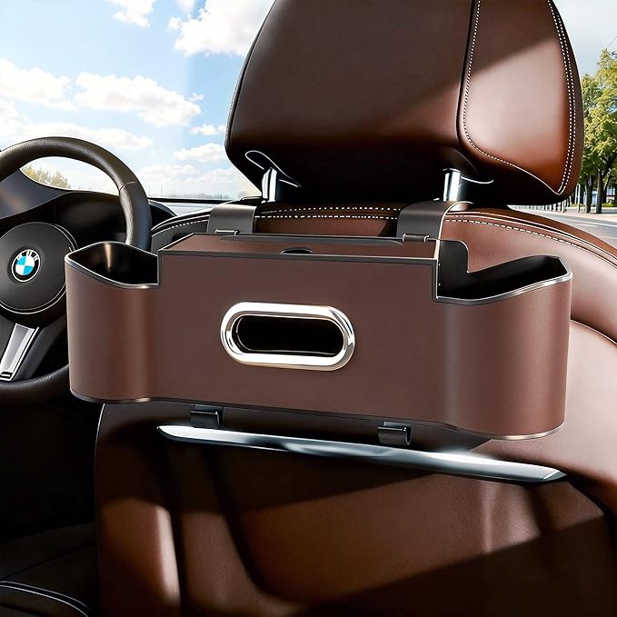 Car Backseat Organizer for Kids & Travelers - 4 in 1 Multifunctional Car Seat Back Storage with Cup Holder, Tissue Box, Snack/Handbag Holder - Nappa Leather Universal Fit for SUV/Van/Sedan (Brown)