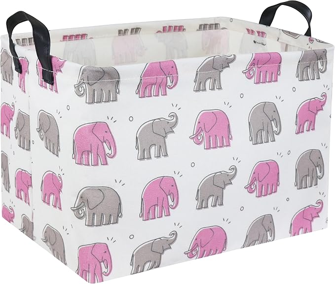 TIBAOLOVER Elephant Baby Storage Bin Pink Elephant Decor for Girls Room Toy Shelf Gift Basket (Rectangular Shape, Handles for Easy Carry)