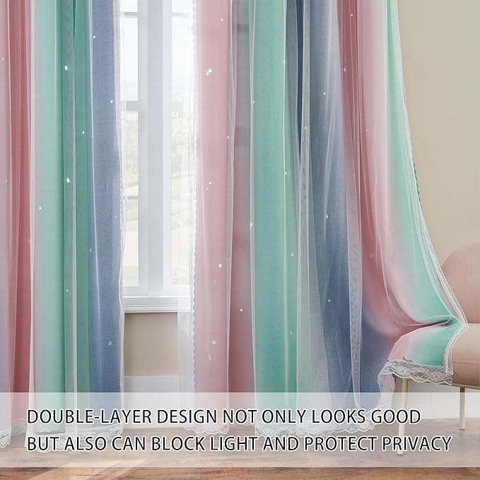 XiDi Pink Grey Green Curtains for Girls Bedroom 96 Inches Long 2 Panels Set, Rainbow Blackout Curtains for Kids Nursery Room Decor, Unicorn Wall Decals Drapes for Living Room 34 Inches Wide