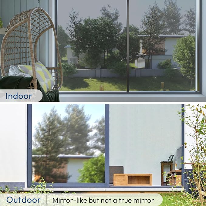 rabbitgoo Window Privacy Film One Way Window Tint for Home, Removable Reflective Heat Sun Blocking Anti UV Glass Door Covering, Mirror Tinting Film House Office, 35.4 in X 6.5 Feet, Silver