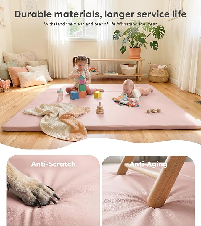 Mallify Foldable Baby Play Mat, 50''x50'' Waterproof Thicken Foam Vegan Leather Playpen Mat for Infants and Toddlers, Portable Baby Mat for Floor, Pink