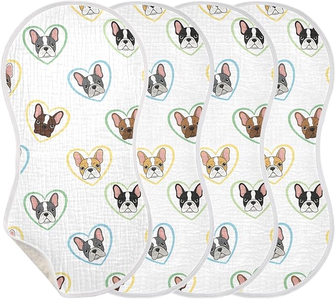 Qinllo 4 Pack Muslin Burp Cloths Bulldog Hearts White Cotton Baby Burp Cloths Ultra Absorbent Soft Thick Burping Cloth for Newborn Babies Boys Girls 22x11 Inch