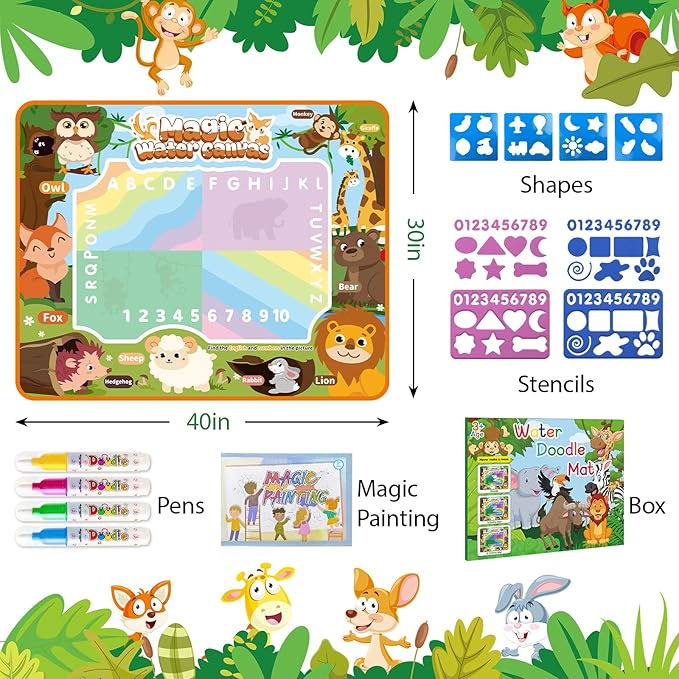Water Doodle Mat Kids Mess Free Coloring for Toddlers 3 4 5 6 7 8 9 Years, 19 Pack Educational Toys, Doodle Mat with Magic Water Pens Boys Girls Christmas Birthday Holiday Present