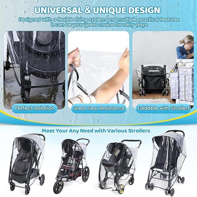 Clear Stroller Rain Cover, Universal Rain Cover for Stroller, Waterproof Travel Weather Shield with Breathable Ventilation and Easy Access, Thick EVA & PVC Protect from Dust and Snow
