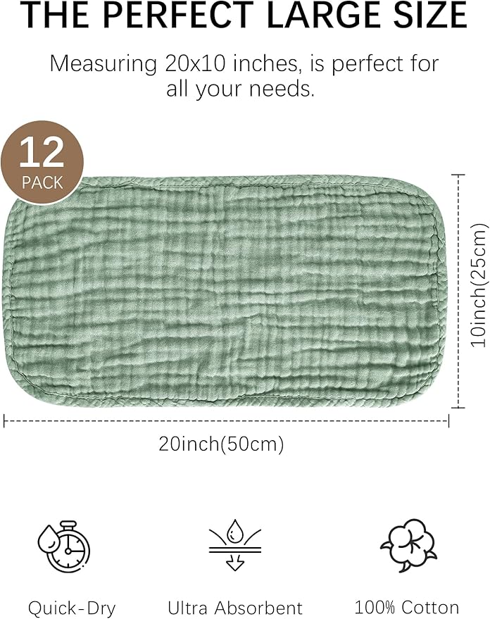 Lovely Care 12 Pack Muslin Burp Cloths 100% Cotton Muslin Cloths Large 20''x10'' Extra Soft and Absorbent Baby Burping Cloth - Sage, Teal and Blue