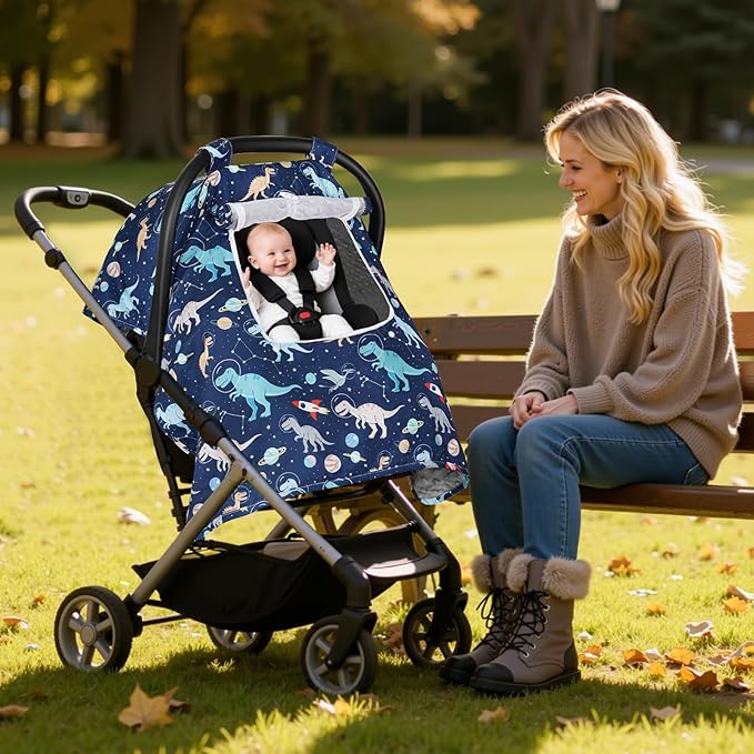 Car Seat Cover Baby, Carseat Covers Baby with 2 Layers Breathable Windows, Windproof Infant Car Seat Cover, Kick-Proof Baby Carrier Cover for Baby Boy Newborn Essentials