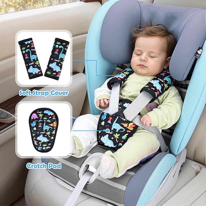 3 Pcs Car Seat Stroller Straps Pads for Baby, Newborn Soft Shoulder Strap and Crotch Covers, Universal Shoulder Straps Pads for Car Seat, Pushchair, High Chair (Dinosaur)