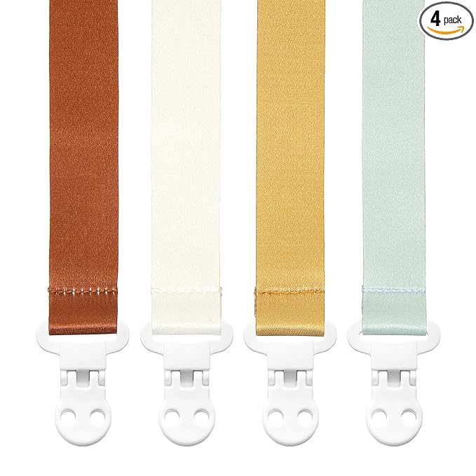 Stadela Baby Pacifier Clip Holder - Girl or Boy Unisex 4 Pack Gift Set – Boho Modern Neutral Brown Yellow White Sage Green Solid Colors (Hayden)