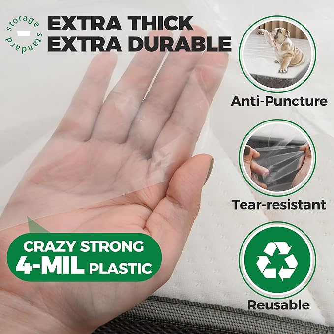 Queen Mattress Bags for Moving & Storage - Heavy Duty Thick 4mil Reusable Bag Mattresses Covering, Waterproof Plastic Perfect Bed Fit - Clear, 100 × 64 x 15 Inches