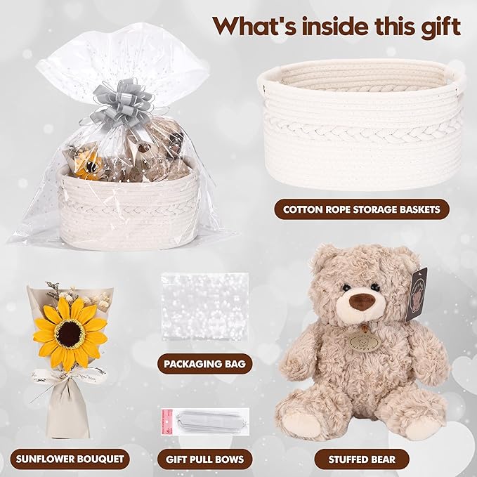 Sea Team Woven Cotton Rope Gift Basket with Gift Bags & Ribbons, Optional Stuffed Bear & Sunflower, Baby Shower Present, Pet Gift or Nursery Storage Bin, 13.4 x 9.1 x 7.1 Inches, White