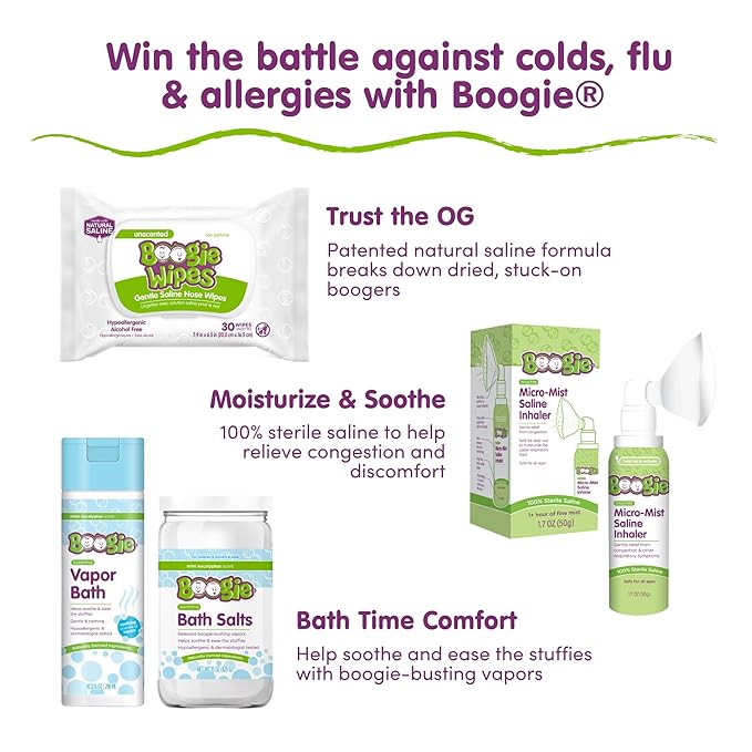 Boogie Wipes Saline Nose Wipes - 90 Count - Unscented, Hypoallergenic & Alcohol-Free - Allergy Relief - Made with Natural Saline, Aloe, Chamomile & Vitamin E - Diaper Bag Essential