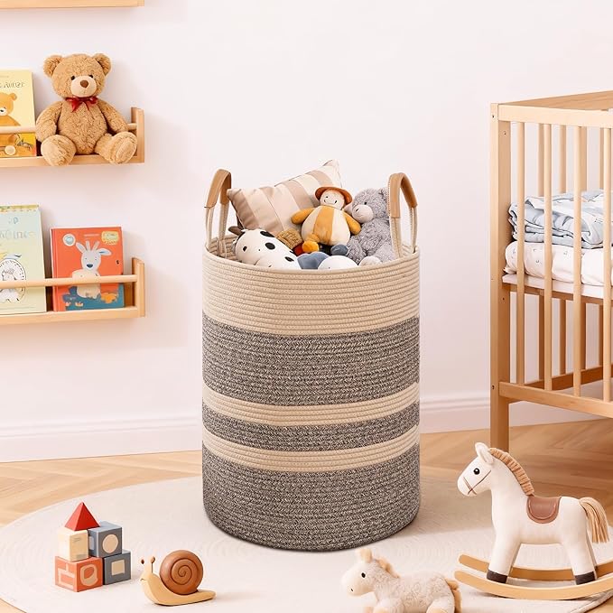 Degeyoyo 60L Striped Laundry Basket, Dark Brown Laundry Hamper with Leather Handles, Woven Cotton Rope Storage Bin for Blankets, Nursery Hamper for Clothes, Toys In Bathroom, Livingroom, Bedroom