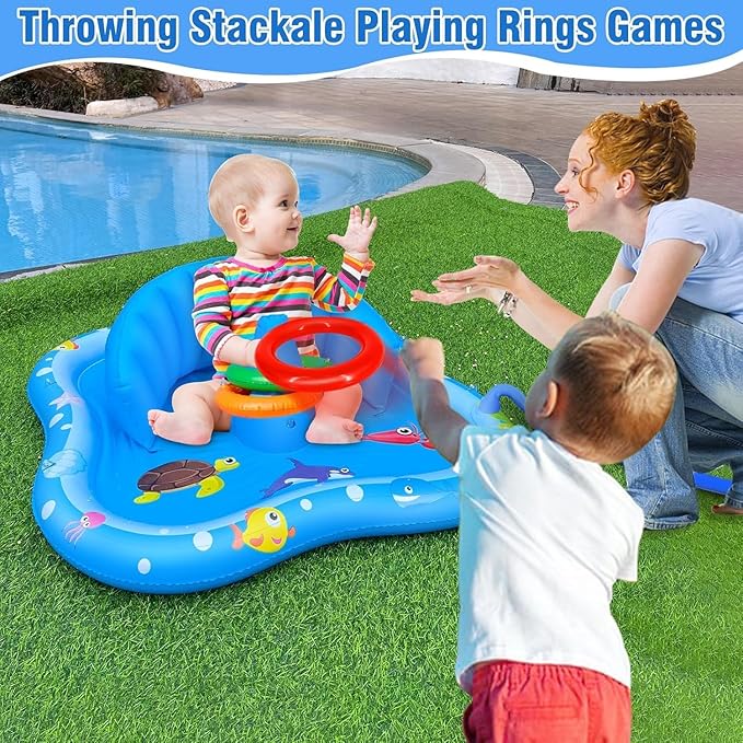 iGeeKid Baby Play Mat with Sprinkler, Inflatable Baby Pool Float with Canopy Backrest & Stackable Rings Water Sprinkler for Kids, Outdoor Water Play Toys for Toddlers Backyard Swimming Water Games
