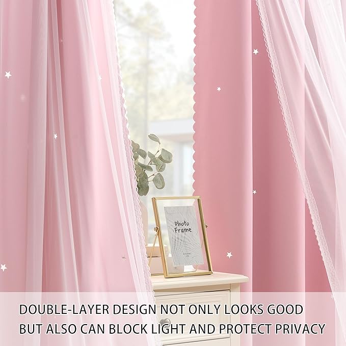 XiDi Light Pink Blackout Curtains for Girls Bedroom Living Room 63 Inches Long 2 Panels Noise Reducing Hollow Star Nursery Kids Curtains Thermal Insulated Room Darkening Grommet Window Drapes 34x63