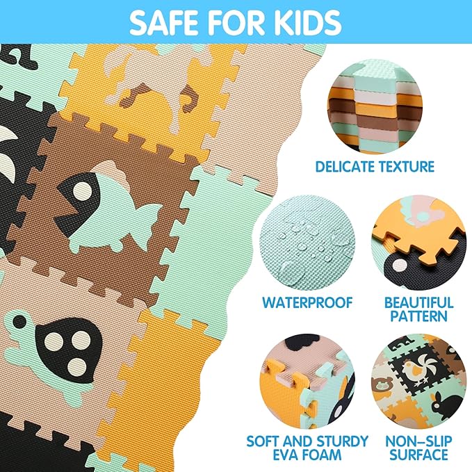 Tamiplay Foam Play Mat for Kids，25Pcs Square Interlocking Puzzle Floor Mat，Baby Play Mat Floor Mat Foam Puzzle Playmat for Toddlers with Fence（Animal-CSH005