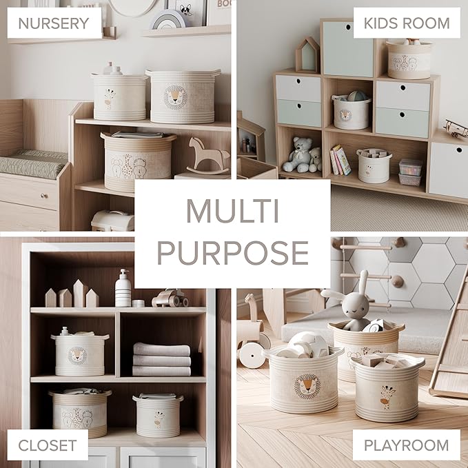 RGI Home Decorative Storage Baskets with Safari Animal Prints – Set of 3 Round Fabric Rope and Linen Organizer Bins for Nursery or Playroom, Multi-Sized with Easy-Carry Handles, Ivory, Tan, and Linen