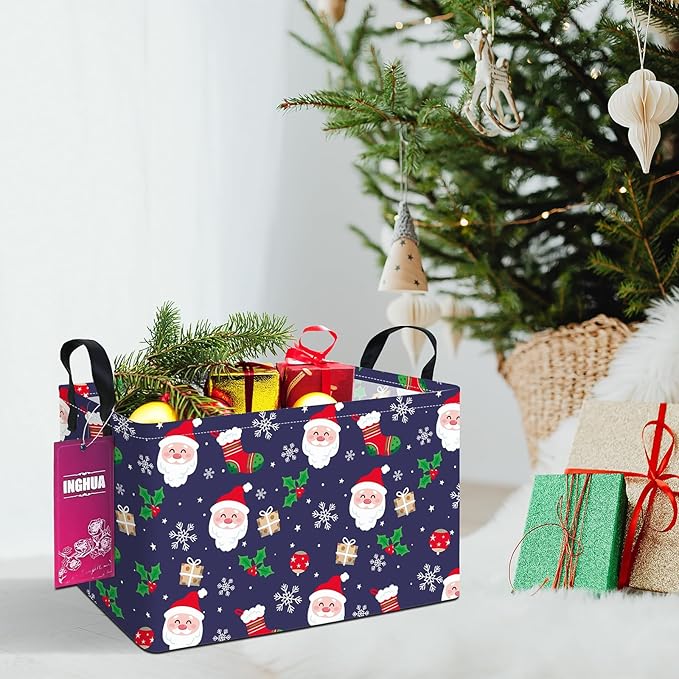 INGHUA Rectangular Christmas Storage Basket Fabric Organizer Bin for Toys,Books,Clothes,Gifts,Pets-Perfect for Home,Office,Nursery,Dorm,Shelf(Rec-Christmas gift basket)