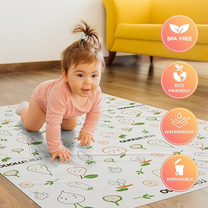 Baby Splat Mat for Under High Chair - 30 Pcs Disposable and Waterproof Splash Mats - 40"x47" Multipurpose Activity Mat for Picnic, Arts and Crafts - Baby Led Weaning Supplies (Fruits Veggies)