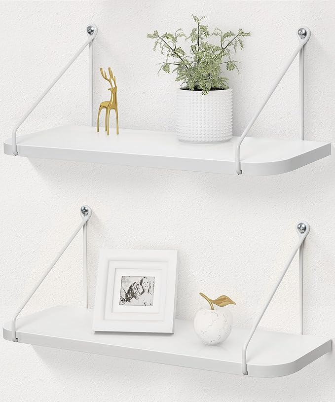 Afuly White Floating Shelves, 24 inch Long Shelves for Wall, Hanging Storage Shelf for Kitchen Bedroom Living Room, Wood Chic Wall Decor, Set of 2