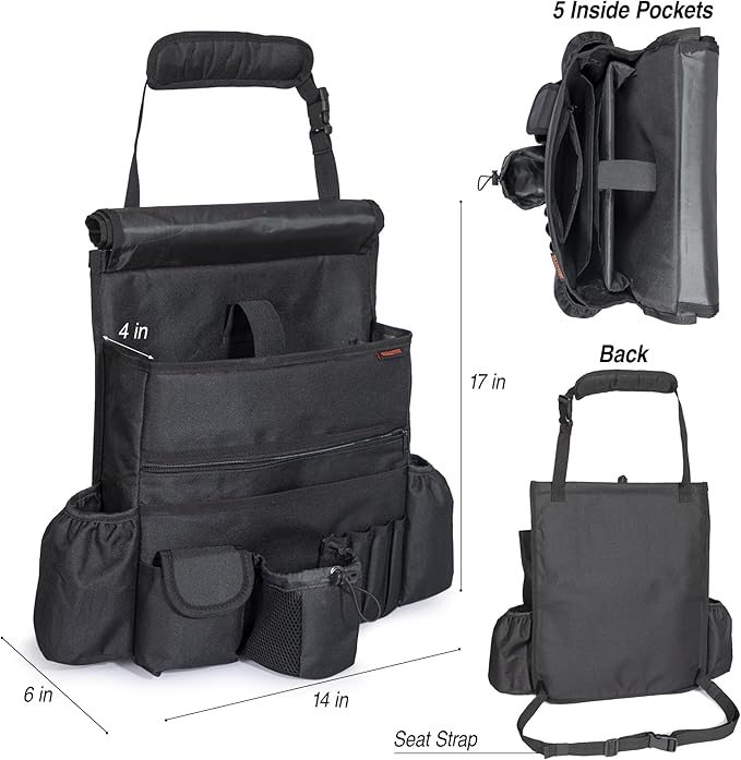 Front Seat Car Organizer with flap – Convertible into Shoulder Bag – Fits Front or Back of Seat – Heavy Duty Car Organizer with Flap with Buckle Closure