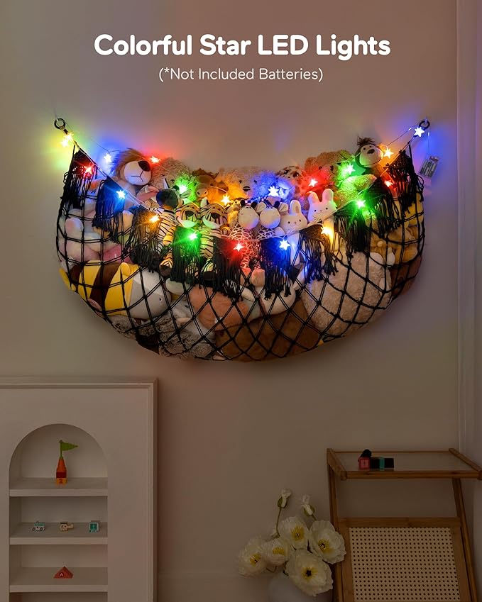 Boho Macrame Stuffed Animal Hammock with LED Lights – Large Wall Hanging Plushie Net, Corner Toy Organizer for Kids Bedroom, Nursery, Playroom & Dorm (Black XXL)