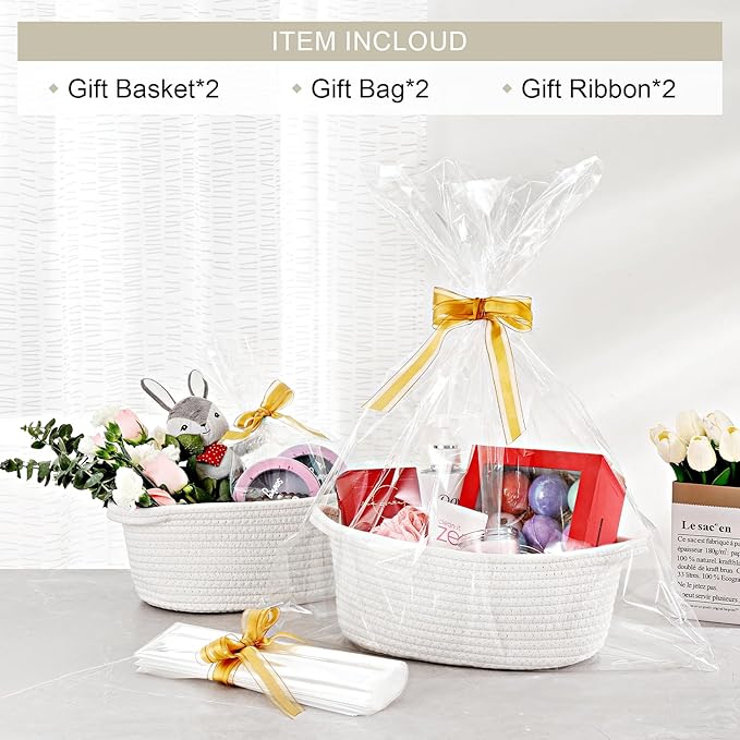 2 Pack Small Woven Basket with Gift Bags and Ribbons, Empty Decorative Gift Chest Box, Cute Baby Gift Basket for Nursery, Cotton Rope Room Shelf Storage Basket with Handles, All 12"x 8"x 5",White