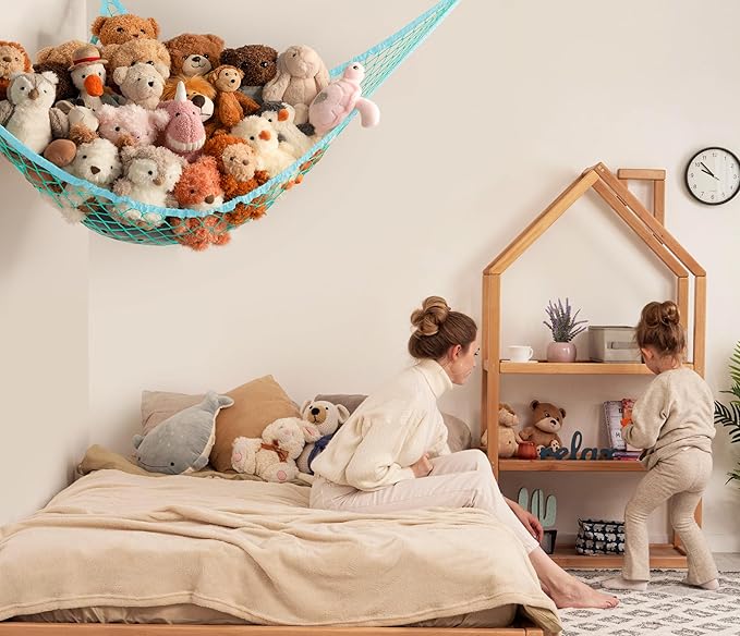 Stuffed Animal Storage Hammock Net Corner - Large Toy Hammock Net for Stuffed Animals Room Decor - Cute Stuff Animal Organizer Holder for Plush Plushie - Kids Baby Nursery Wall Bedroom Home Decor