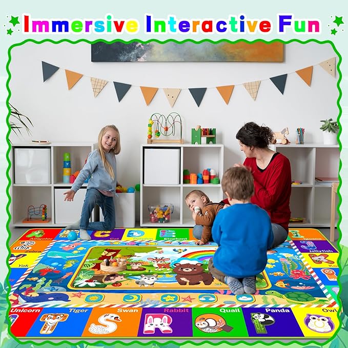 Baby Play Mat for Floor, ABC Kids Play Mat, Forest Animals Kids Rugs for Girls and Boys Playroom, Foldable Rug for Baby Toddler Infants Crawling Playing (Green, 110.2X78.7 INCH)