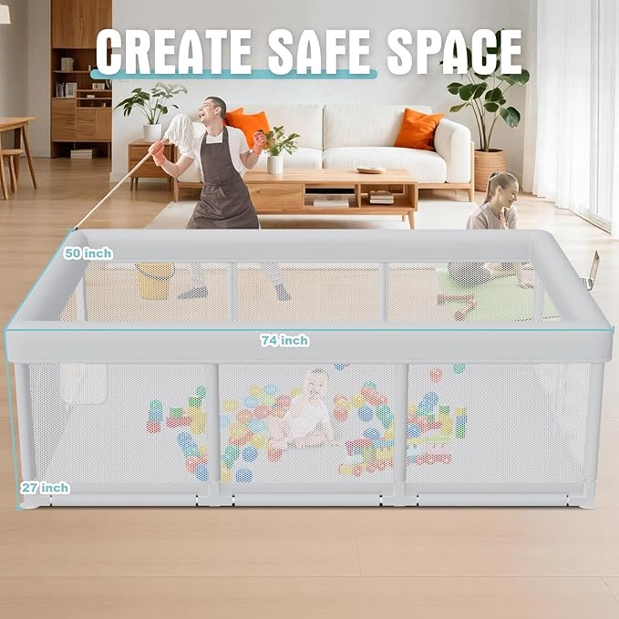 Large Baby Playpen 74x50 Inch PlayPen for Babies and Toddlers, Play Yards for Indoor & Outdoor with Zipper Gates, Breathable Mesh