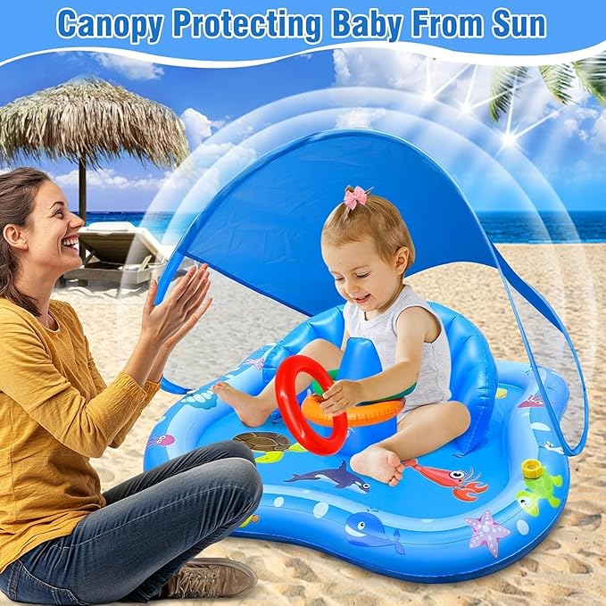 iGeeKid Baby Play Mat with Sprinkler, Inflatable Baby Pool Float with Canopy Backrest & Stackable Rings Water Sprinkler for Kids, Outdoor Water Play Toys for Toddlers Backyard Swimming Water Games