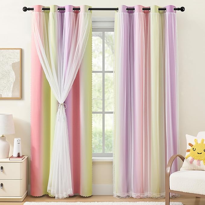 XiDi 100% Blackout Pink and Yellow Girls Curtains for Bedroom 63 Inches Long 2 Panels Nursery Curtains with Sheer Overlay Kids Princess Room Decor Soundproof Light Blokc Grommet Window Drapes 52Wx63L