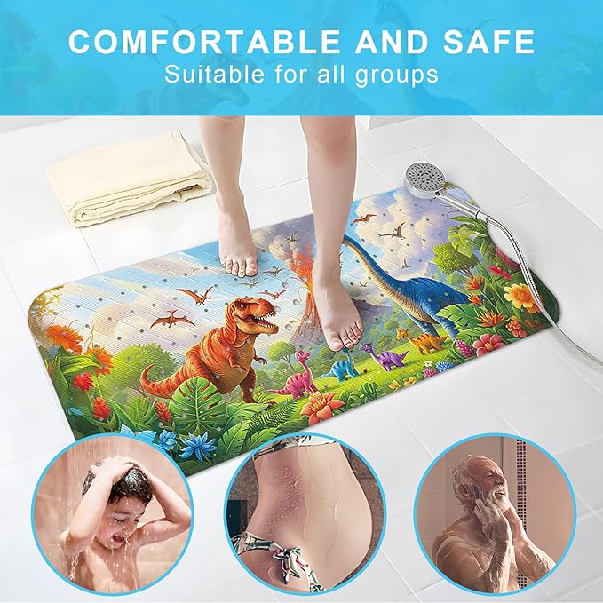 Upgrade Cartoon Baby Bath Mat Non Slip - 40"x16" Extra Long Bathtub Mat for Baby Eco Friendly Durable Bath Mat for Tub Non Slip Kids Tub Mat with Suction Cups, Machine Washable and No Fading, Dinosaur