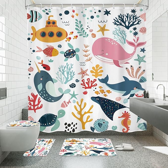 4 PCS Kids Shower Curtain Set 72Wx72H Kid Toddler Bathroom Set Summer Ocean Fish Cute Whale Funny Underwater Bath Rug Toilet Lid Cover U Shape Mat Accessories 12 Hooks Bathroom Decors