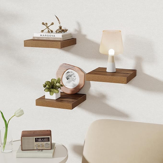 Fun Memories Square Floating Shelves for Wall, 9.3" W x 9.3" D x 1.4" H, Shelves for Wall with Invisible Brackets, Small Wood Storage Shelves for Kitchen, Living Room, Bedroom, Set of 3(Walnut)