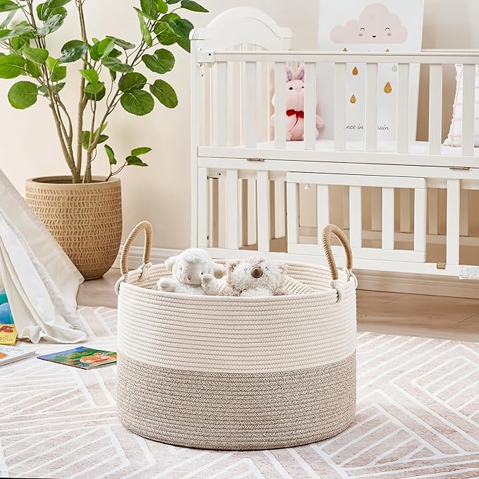 KAKAMAY Cotton Rope Storage Basket (20"x13"),Woven Hamper for Blankets,Toys,Pillows,Clothes,Laundry,Sturdy Handles Decorative Basket for Living Room, Bedroom,Nursery(Beige)