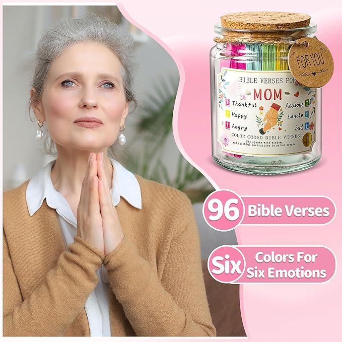Bible Verse Jar for Mom, Bible Verses in A Jar for Emotional Support and Inspiration,Birthday & Mothers Day Gift for Mom,Christian Gift for Women, Prayer Cards With a Ribbon & Greeting Card