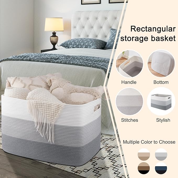 OIAHOMY 118L Extra Large Blanket Basket, Rectangle Woven Cotton Rope Storage Basket, Used for storing Dirty Clothes, Stuffed Animal Toy Storage for Living Room,Kids Room,25" x 17" x 16", Gradient Grey