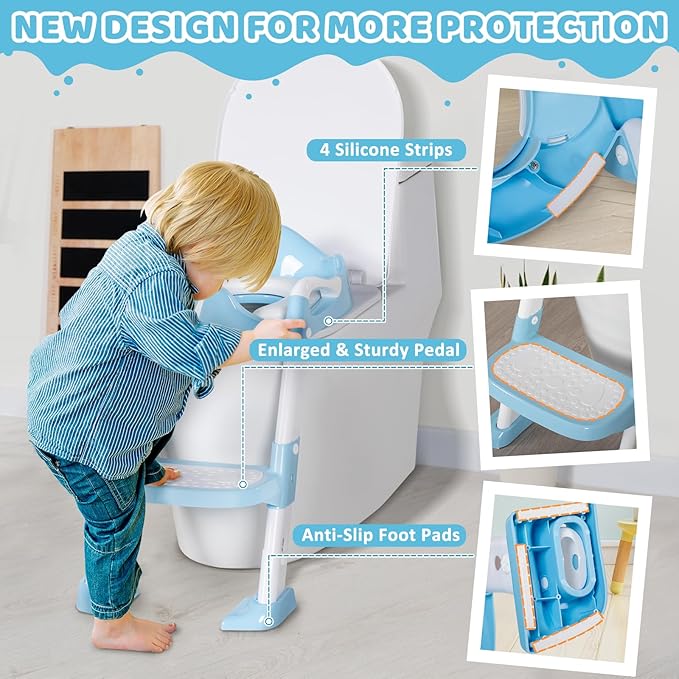 Potty Training Seat with Step Stool, Toddler Toilet Seat w/Ladder, Potty Training Chart, Splash Guard & Upgraded Non-Slip Pads, Kids Foldable Training Toilet Potty Chair for Boys Girls (Blue)