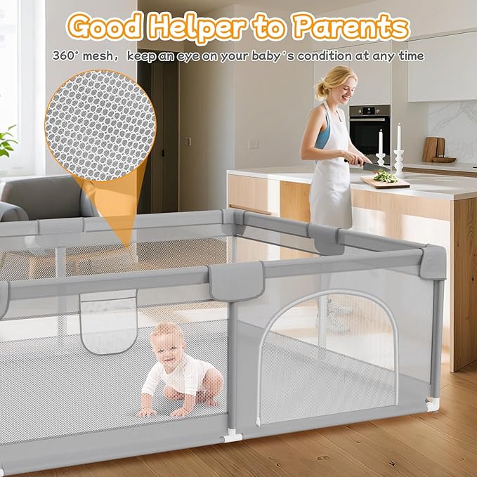 Deeteck Baby Playpen 79"x71" - Extra Large Playpen for Babies and Toddlers with 2 Handle - Baby Fence Play Area Safety Center for Indoor & Outdoor, Grey