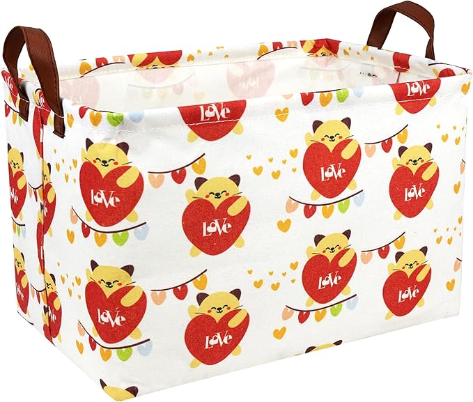 ASKETAM Valentine's Day Basket Gift for Empty Cute Heart Large Storage Bin for Kid and Baby Room Décor (Cat Love)