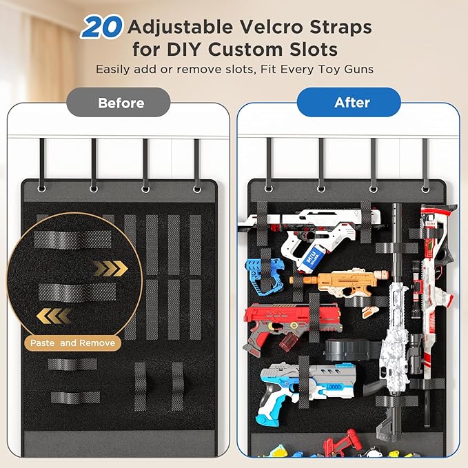 Mefirt Over The Door Organizer for Toy Guns, Toys Storage Door Hanger with Pockets and Slots for Kids Foam Blasters, Darts, Goggles, Over Door Toys Storage Organizer, for Kids Rooms, Game Rooms, Gray