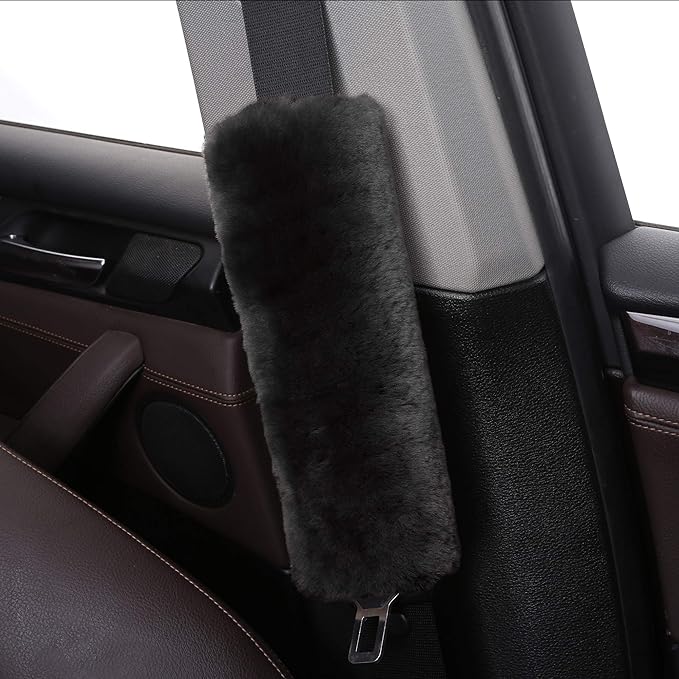 Soft Genuine Sheepskin Wool Auto Seat Belt Cover Seatbelt Shoulder Pad for a More Comfortable Driving, Compatible with All Cars(Black)