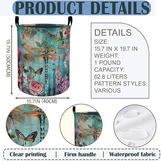 Dragonfly Laundry Basket Hamper 19.7"x15.8", Vintage Floral Foldable Waterproof Oxford Clothes Storage Bucket for Room Bathroom Bedroom Nursery Decor, Toy Organizer Bins Gifts for Kids Boys Girls