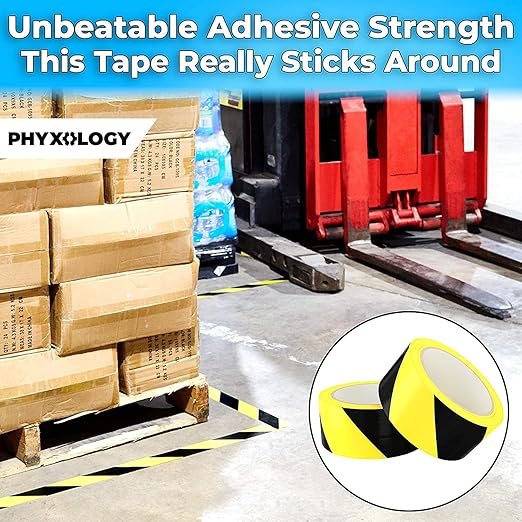 Double-Roll of Ultra-Adhesive Black & Yellow Hazard Tape for Floor Marking 2 Pk. Mark Floors & Watch Your Step Areas for Safety with High-Visibility Anti-Scuff Striped Vinyl by Phyxology Supply.