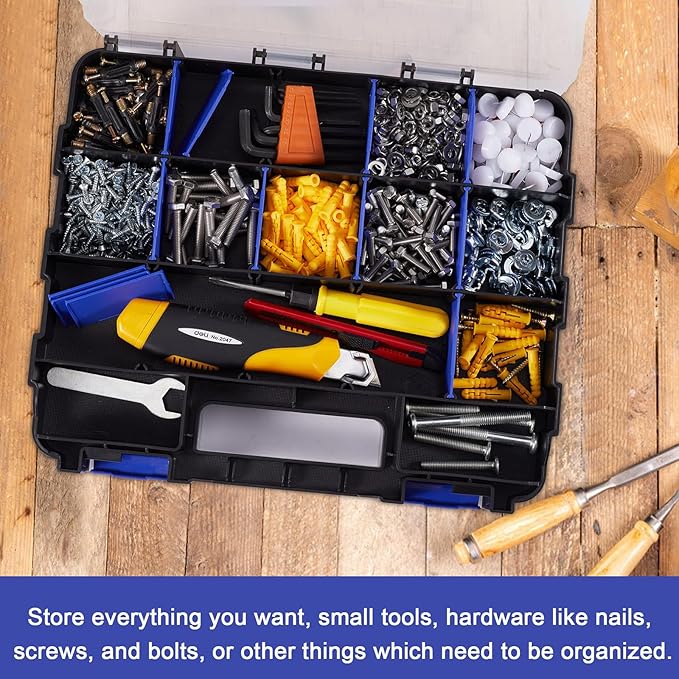 Small Parts Organizer Box Storage Case Tools Box Organizer Double Side 34 Compartments Hardware Organizers with Removable Plastic Dividers for Screws Nuts Nails Bolts, 2 Pack