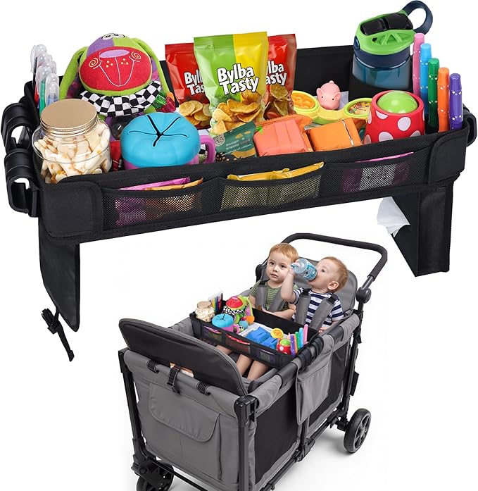 Babenest Stroller Snack Tray for Wonderfold Wagon W4, Foldable Thickened Snack Tray with Cup Holder, Storage Mesh Bag & Pen Slot, Easy to Clean Snack Board for Drawing