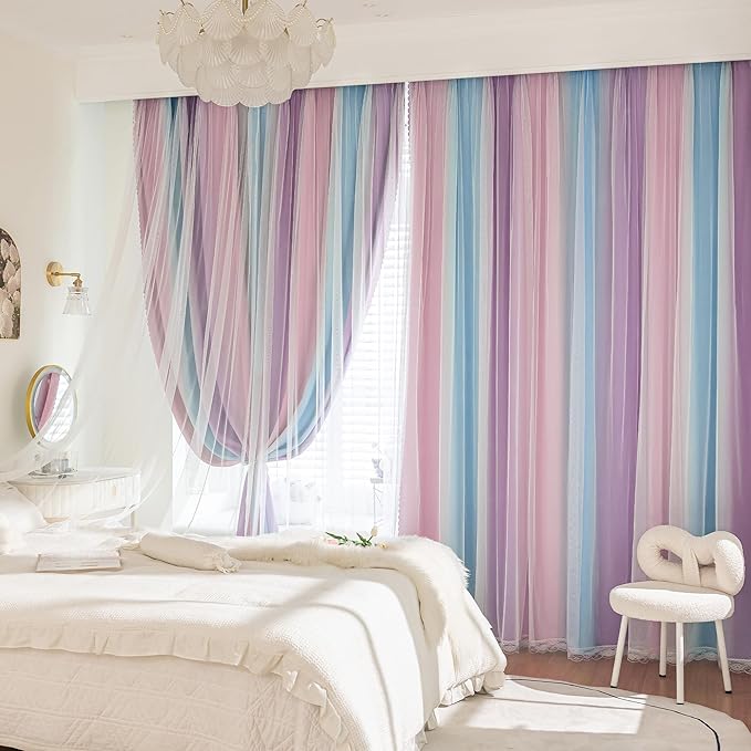 XiDi 100% Blackout Curtains with Sheer Overlay 84 Inches Long 2 Panels for Girls Bedroom Living Room Rainbow Pink Purple Blue Double Layer Curtains for Kids Nursery Unicorn Princess Grommet W52 x L84