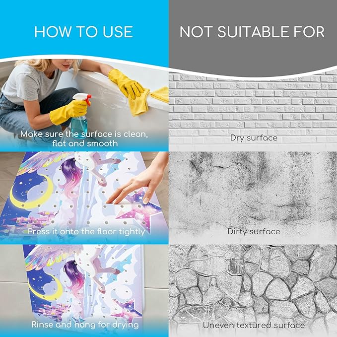 Omedecal Baby Bath Mat for Tub, Non Slip Kids Bath Shower Mat, 40 X 16 Inch Large Bathtub Mat with Drain Holes and Suction Cups for Toddlers, Machine Washable and Waterproof (Unicorn)